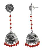 Large Statement Jhumka-Tribal Earrings-Red Crystal Beads And Surya Jhumki-Tribal Jewellery-