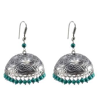 Antique Finish Jaipuri Jhumka Earring- Tirbal Earrings Jewelry With Treated Turquoise Beads - 1