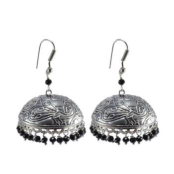 Antique Silver Black Crystal Jhumka Earrings-Jaipur Jhumki-Bohemian Jewelry 1