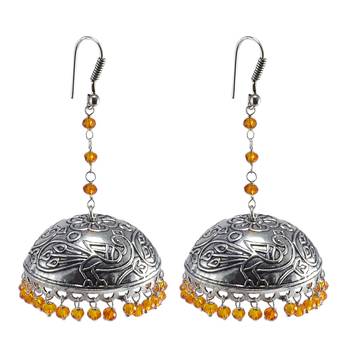 Ethnic Indian Temple Antique Oxidized Orange Crystal Beads Earrings With Silver Plated Bollywood Jhumki For Women- 1