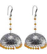 Ethnic Indian Temple Antique Oxidized Orange Crystal Beads Earrings With Silver Plated Bollywood Jhumki For Women-