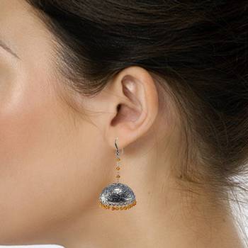 Ethnic Indian Temple Antique Oxidized Orange Crystal Beads Earrings With Silver Plated Bollywood Jhumki For Women- 2