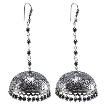 Temple Jhumki Earrings With Hematite Beads-Indian Garba Festival Jewelry 1