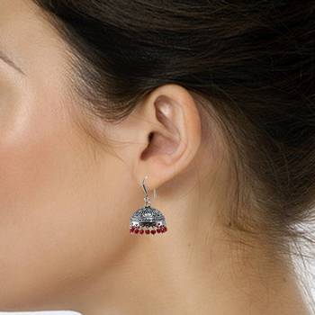 Oxidized Handmade Red Crystal 3 Mm Jhumka Earrings-Jaipuri Jewelry 2