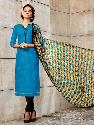 Blue embroidered chanderi unstitched salwar with dupatta 1
