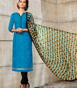 Blue embroidered chanderi unstitched salwar with dupatta
