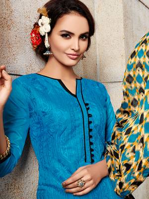 Blue embroidered chanderi unstitched salwar with dupatta 2