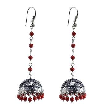 Jhumka Style Earrings With Oxidized Polish And Reconstituted Coral Jaipur Grace 1