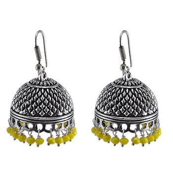 Large Vintage Tribal Jewelryyellow Crystal Dangle Earringsjaipuri Jhumki With Beautiful Beads 1