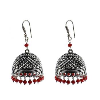 Silvesot India Beautifully Expressive 30.6 Grams Handmade Alloy Oxidized Jhumka Earrings With Tiny Red Crystals 1