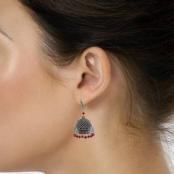 Silvesot India Beautifully Expressive 30.6 Grams Handmade Alloy Oxidized Jhumka Earrings With Tiny Red Crystals 2