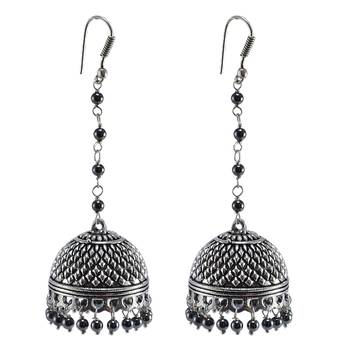 Contemporary Designer Long Jhumka Earrings Filled With Sleek Black Hematite Beads 1