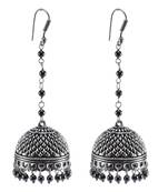Contemporary Designer Long Jhumka Earrings Filled With Sleek Black Hematite Beads