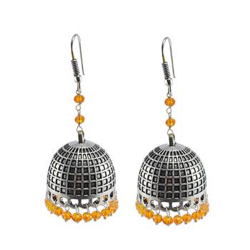 Jaipur Traditional Oxidized Silver Gift Drop Handmde Earring Silver Jhumkas With Orange Crystal Beads 1