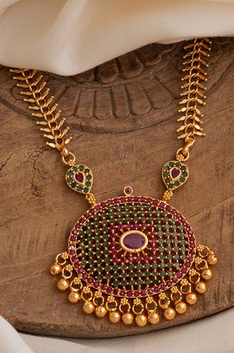 Golden Long necklace with Oval Emerald pendant one gram gold