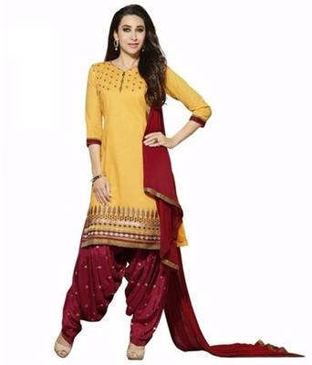Yellow crepe printed unstitched salwar with dupatta 1