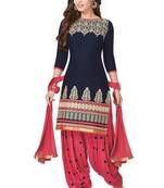 Blue crepe printed unstitched salwar with dupatta