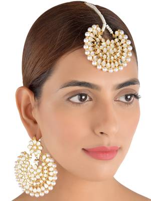 Off-White Pearls and Kundan Embellished Dangler Earrings cum Maang Tika Set 217MT75 1