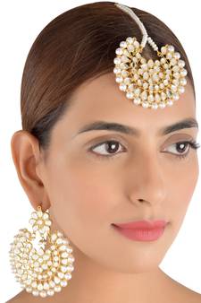 Off-White Pearls and Kundan Embellished Dangler Earrings cum Maang Tika Set 217MT75