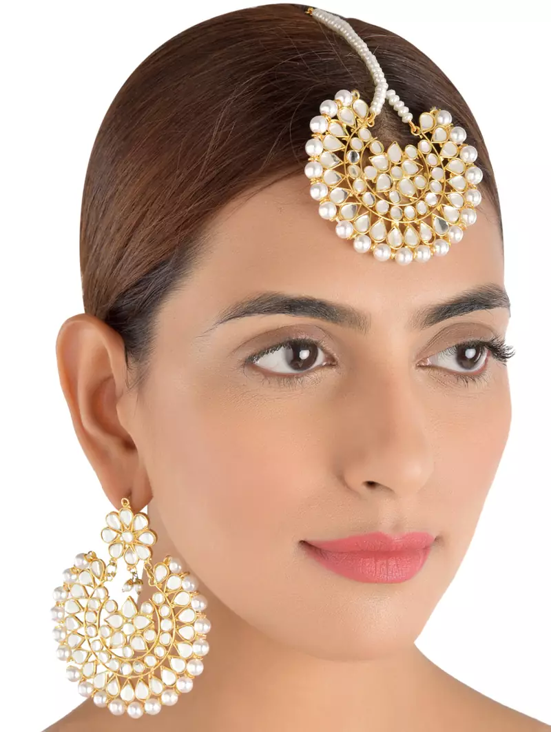 Off-White Pearls and Kundan Embellished Dangler Earrings cum Maang Tika Set 217MT75