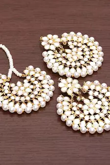 Off-White Pearls and Kundan Embellished Dangler Earrings cum Maang Tika Set 217MT75