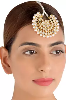 Off-White Pearls and Kundan Embellished Dangler Earrings cum Maang Tika Set 217MT75