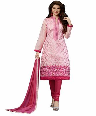  Women Pink chanderi embroidered unstitched salwar kameez with dupatta 1