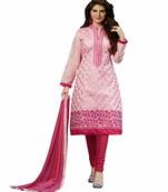 Women Pink chanderi embroidered unstitched salwar kameez with dupatta