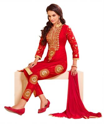  Women Red chanderi embroidered unstitched salwar kameez with dupatta 1
