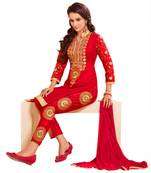  Women Red chanderi embroidered unstitched salwar kameez with dupatta