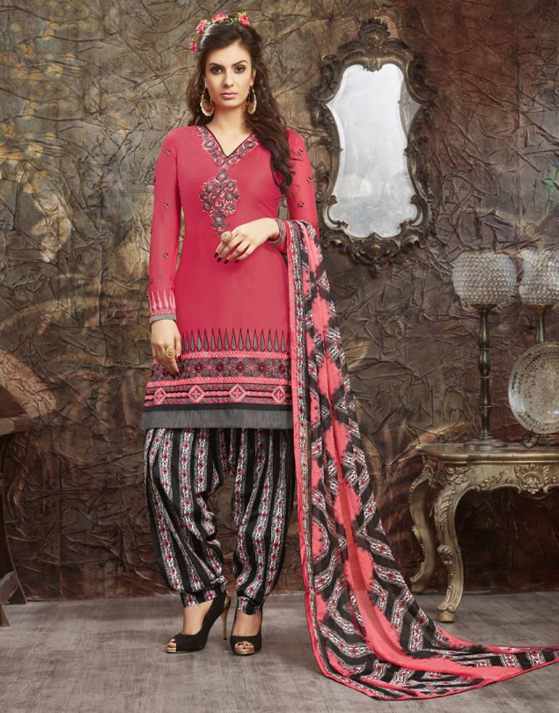 Dark pink resham cotton unstitched punjabi women suit with dupatta