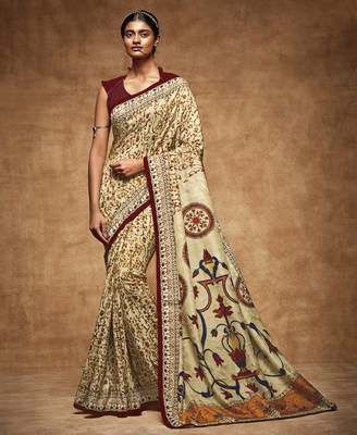 Beige printed tussar silk saree with blouse 1