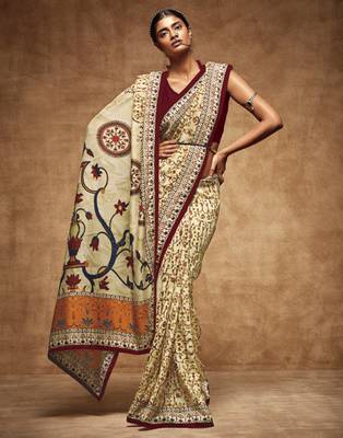 Beige printed tussar silk saree with blouse 2