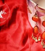 Chandelier Earrings in Prehnite Heart Shape, Embedded with Orange and Nephrite silver stones