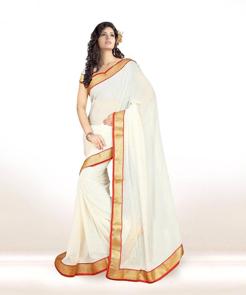 White plain chiffon saree with blouse