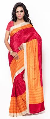 Pink printed crepe saree with blouse 1