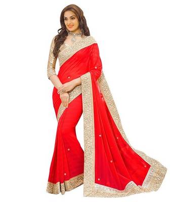 Red hand woven georgette saree with blouse 1