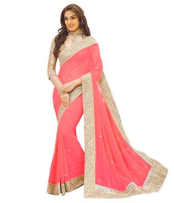 Peach hand woven georgette saree with blouse 1