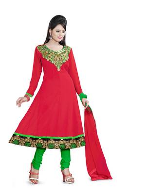 Light red embroidered georgette unstitched salwar with dupatta 1
