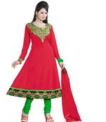 Light red embroidered georgette unstitched salwar with dupatta