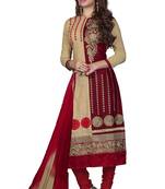 Red & Beige Cotton Embroidered Straight Suit Dress Material