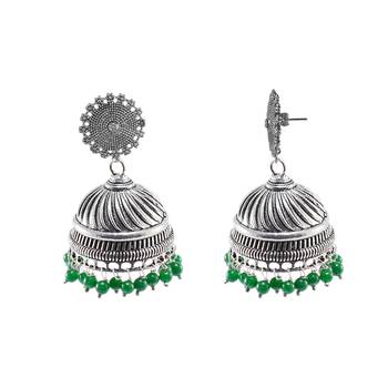 Jaipuri Jhumki-Ethnic Jewellry-Floral Jhumka Earrings With Green Beads 1
