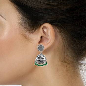 Jaipuri Jhumki-Ethnic Jewellry-Floral Jhumka Earrings With Green Beads 2