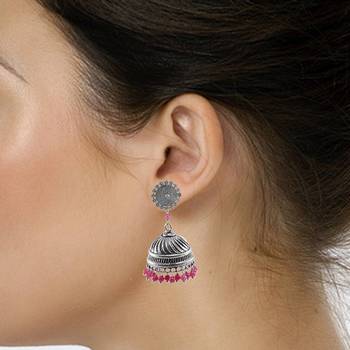 Tribal Collection -Jaipuri Jhumka Earrings Jewlery With Pink Quartz And Floral Studs 2
