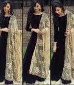 Black embroidered silk semi stitched salwar with dupatta