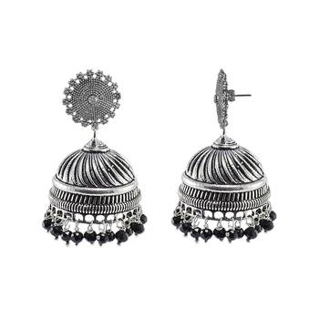 Black Beaded Indian Floral Jhumki-Handmade Hook Earrings-Jaipur Jewellery 1