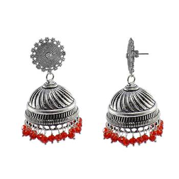 Antique Jaipuri Style Oxidized Red Beads And Floral Jhumki Earrings-Jaipuri Night- 1