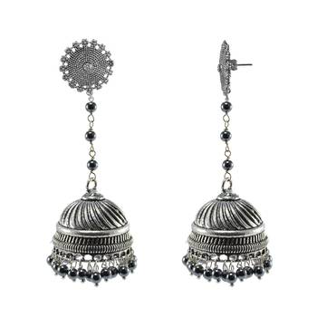 Ethnic Oxidized Floral Jhumki Earrings With Sleek Globes Of Hematite Beads Jewellery 1