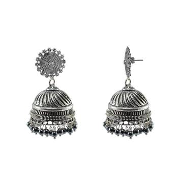 Temple Floral Jhumki Earrings With Hematite Beads-Indian Garba Festival Jewellery 1