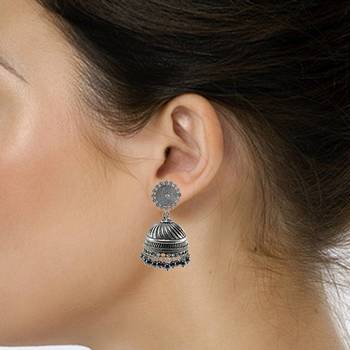 Temple Floral Jhumki Earrings With Hematite Beads-Indian Garba Festival Jewellery 2